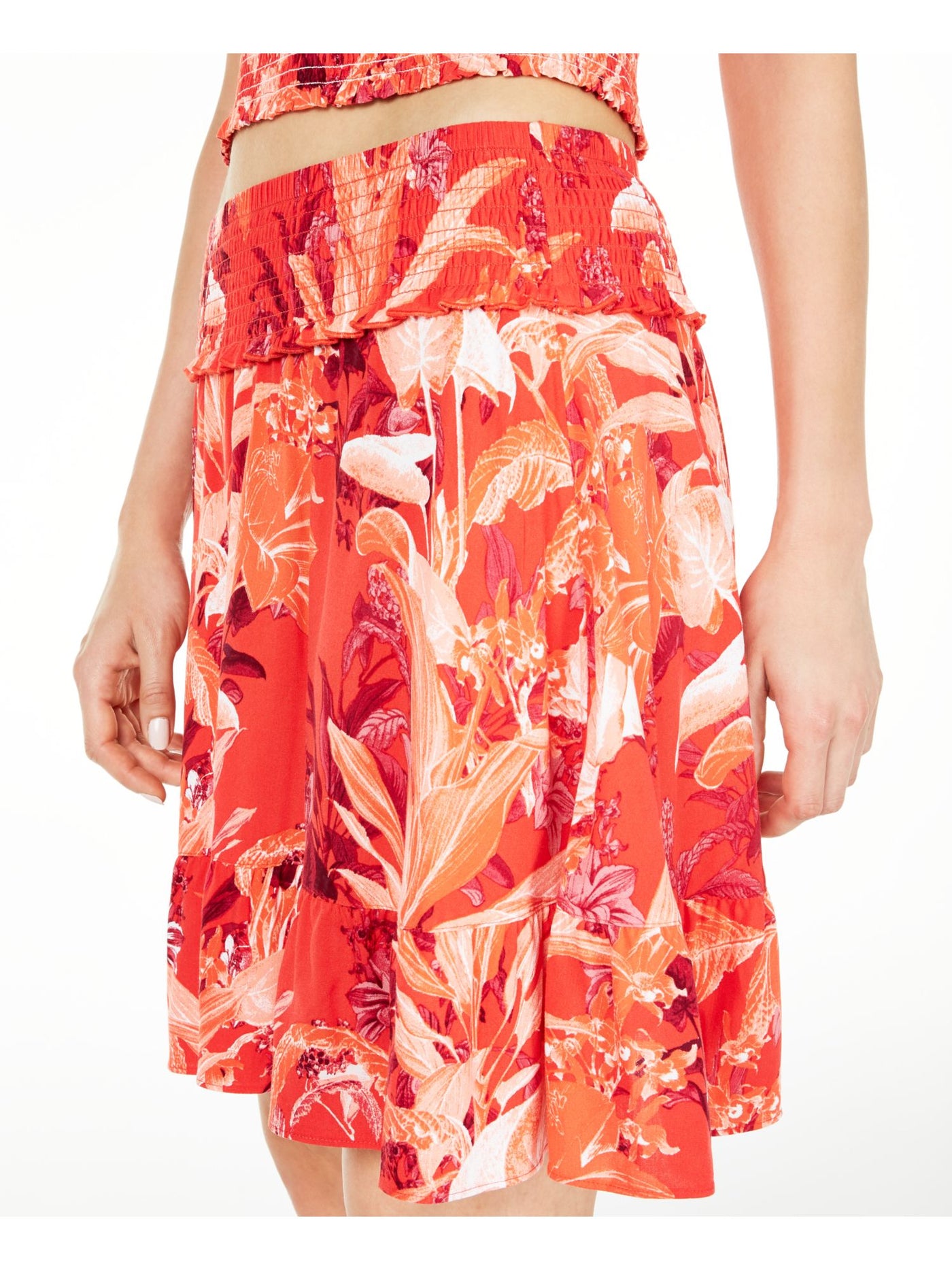 GUESS Womens Red Floral Short Ruffled Skirt XL