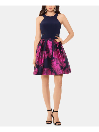 XSCAPE Womens Navy Floral Sleeveless Mini Fit + Flare Formal Dress Size: 4
