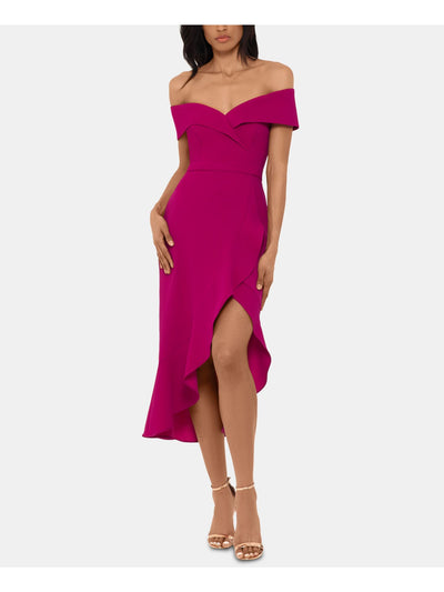 XSCAPE Womens Ruffled Short Sleeve Off Shoulder Above The Knee Evening Hi-Lo Dress
