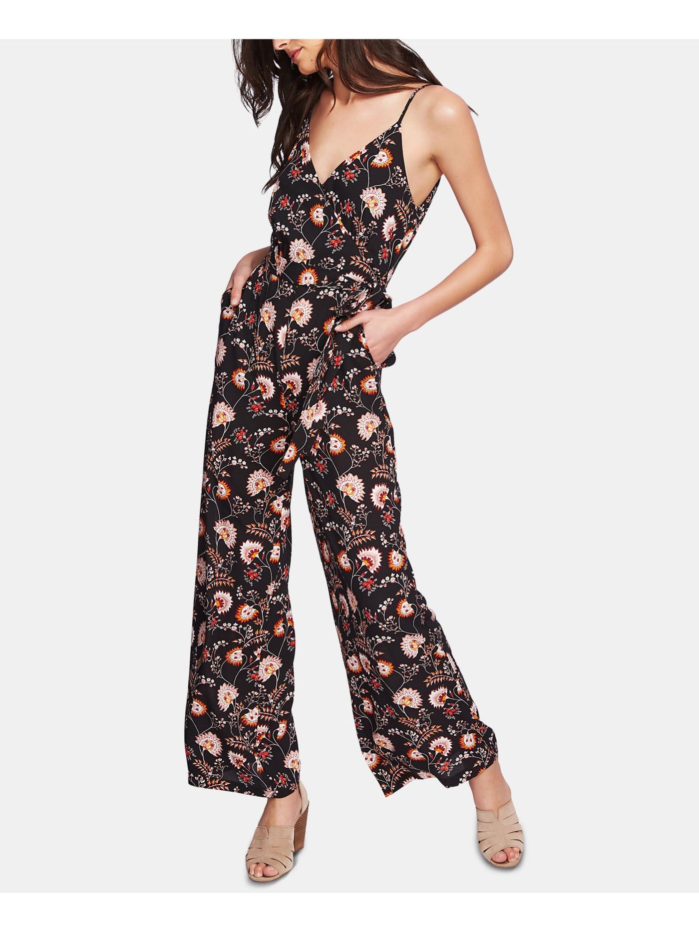 1. STATE Womens Black Pocketed Tie Floral Spaghetti Strap V Neck Tank Wide Leg Jumpsuit 2