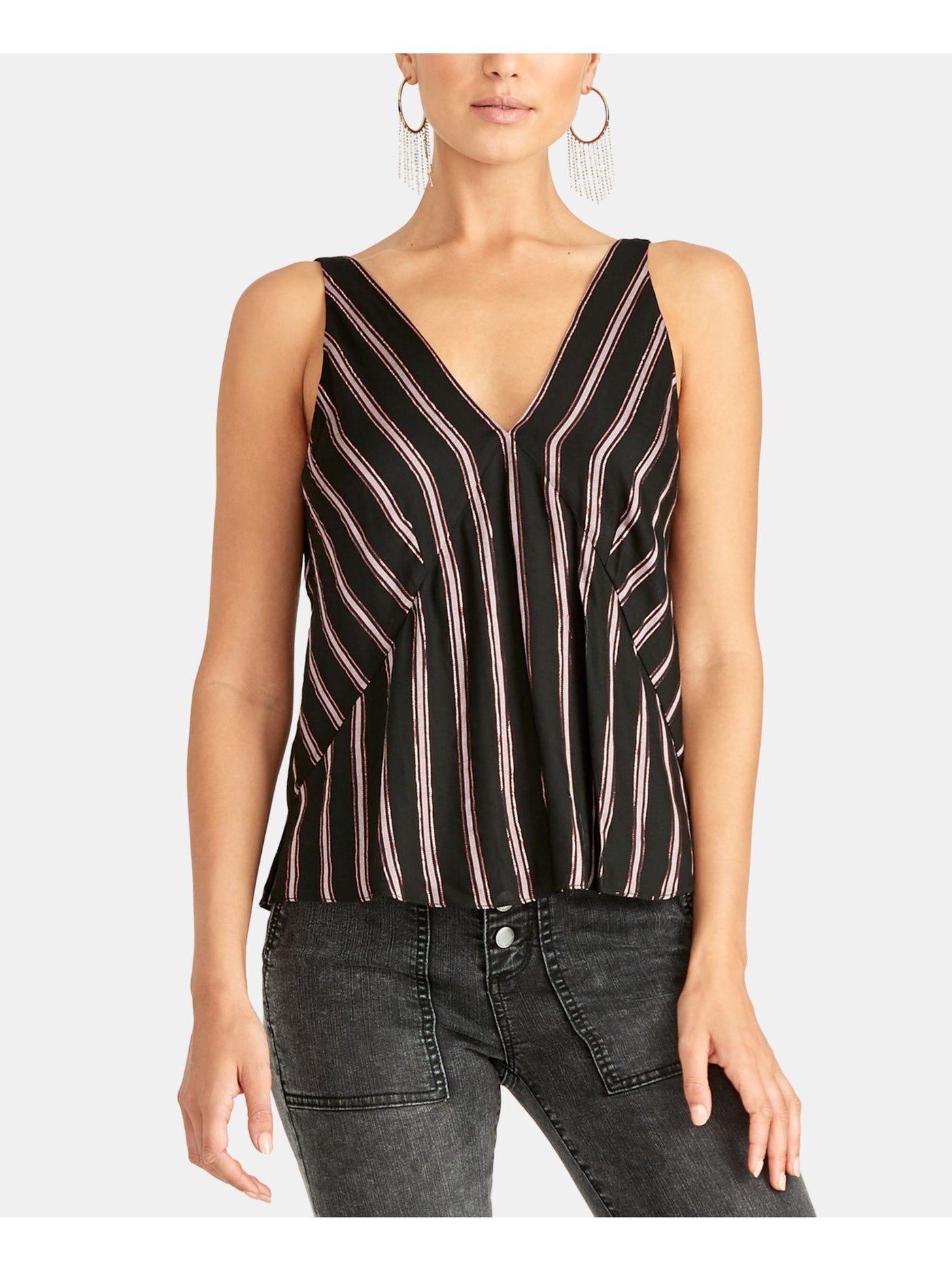 RACHEL ROY Womens Black Striped Sleeveless V Neck Tank Top S