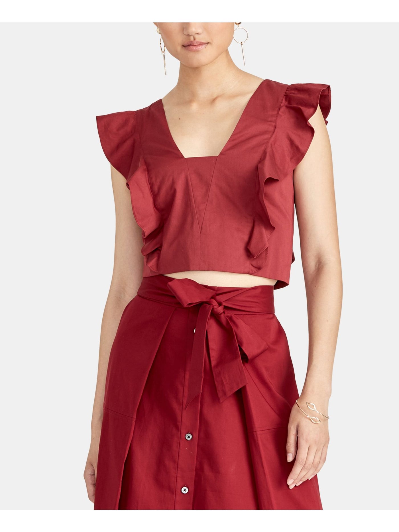 RACHEL ROY Womens Red Ruffled Flutter Sleeves Tie Back Square Neck Crop Top L