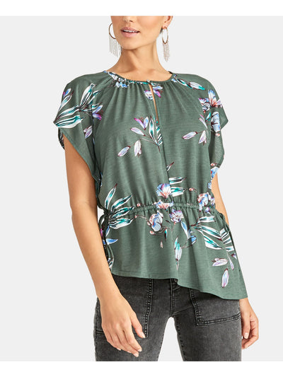 RACHEL ROY Womens Green Ruched Floral Short Sleeve Jewel Neck Top M