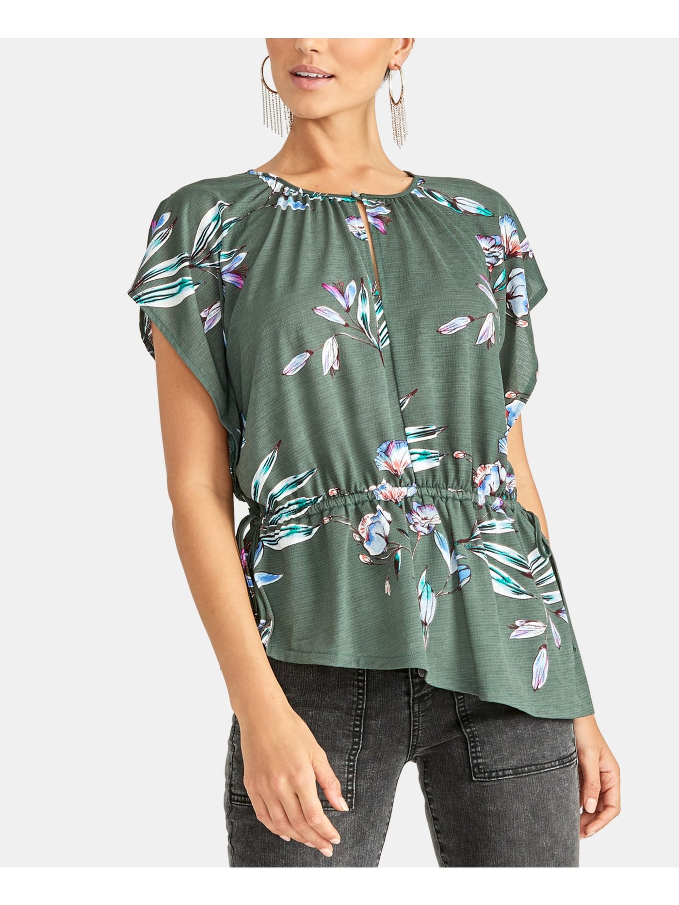 RACHEL ROY Womens Green Ruched Floral Short Sleeve Jewel Neck Top XXL