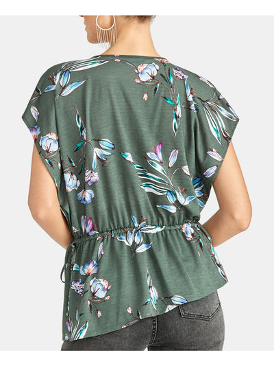 RACHEL ROY Womens Green Ruched Floral Short Sleeve Jewel Neck Top M