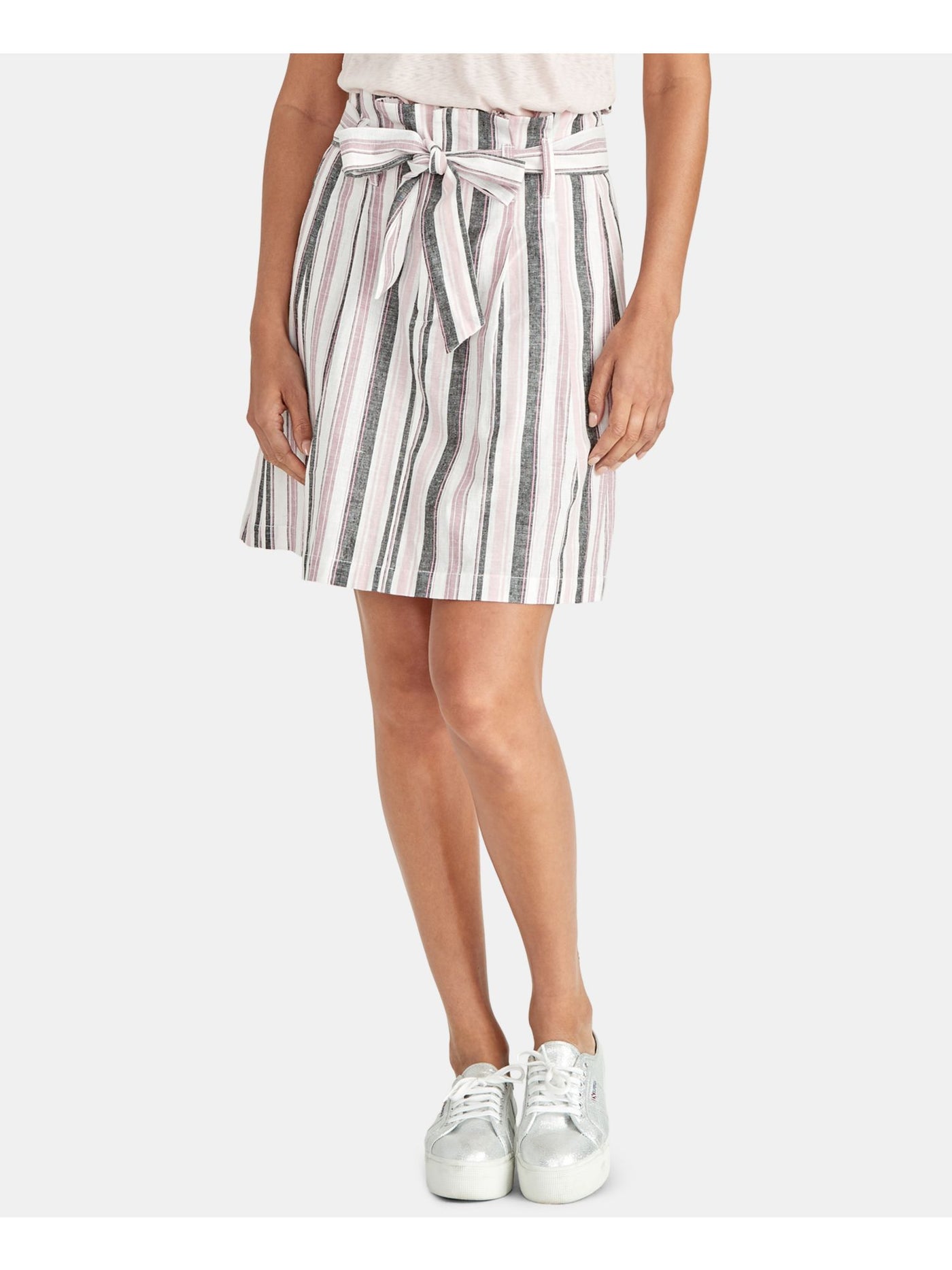 RACHEL ROY Womens Pink Belted Paperbag Striped Above The Knee Skirt 2