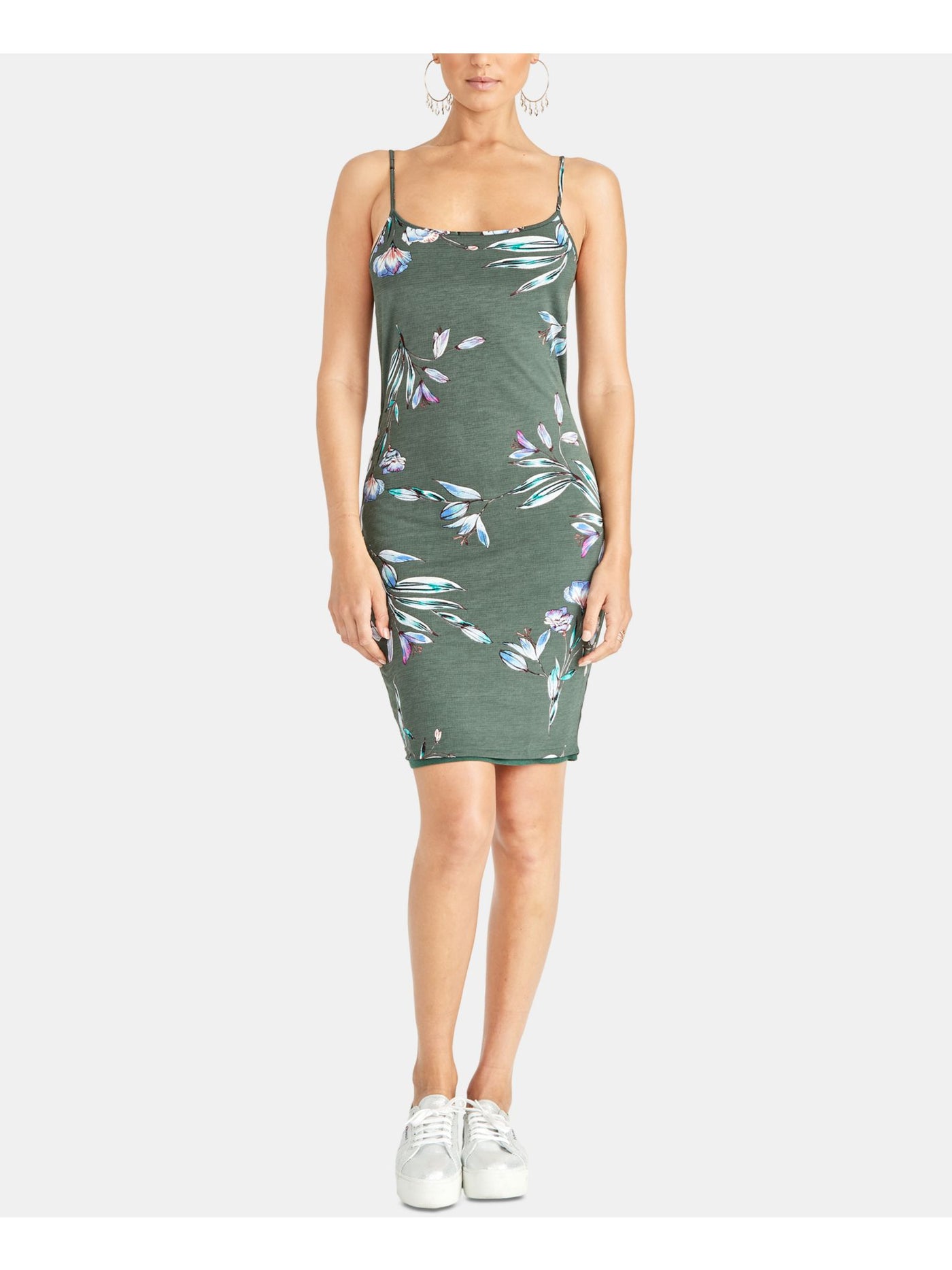 RACHEL ROY Womens Green Twist Back Floral Spaghetti Strap Scoop Neck Above The Knee Body Con Dress M
