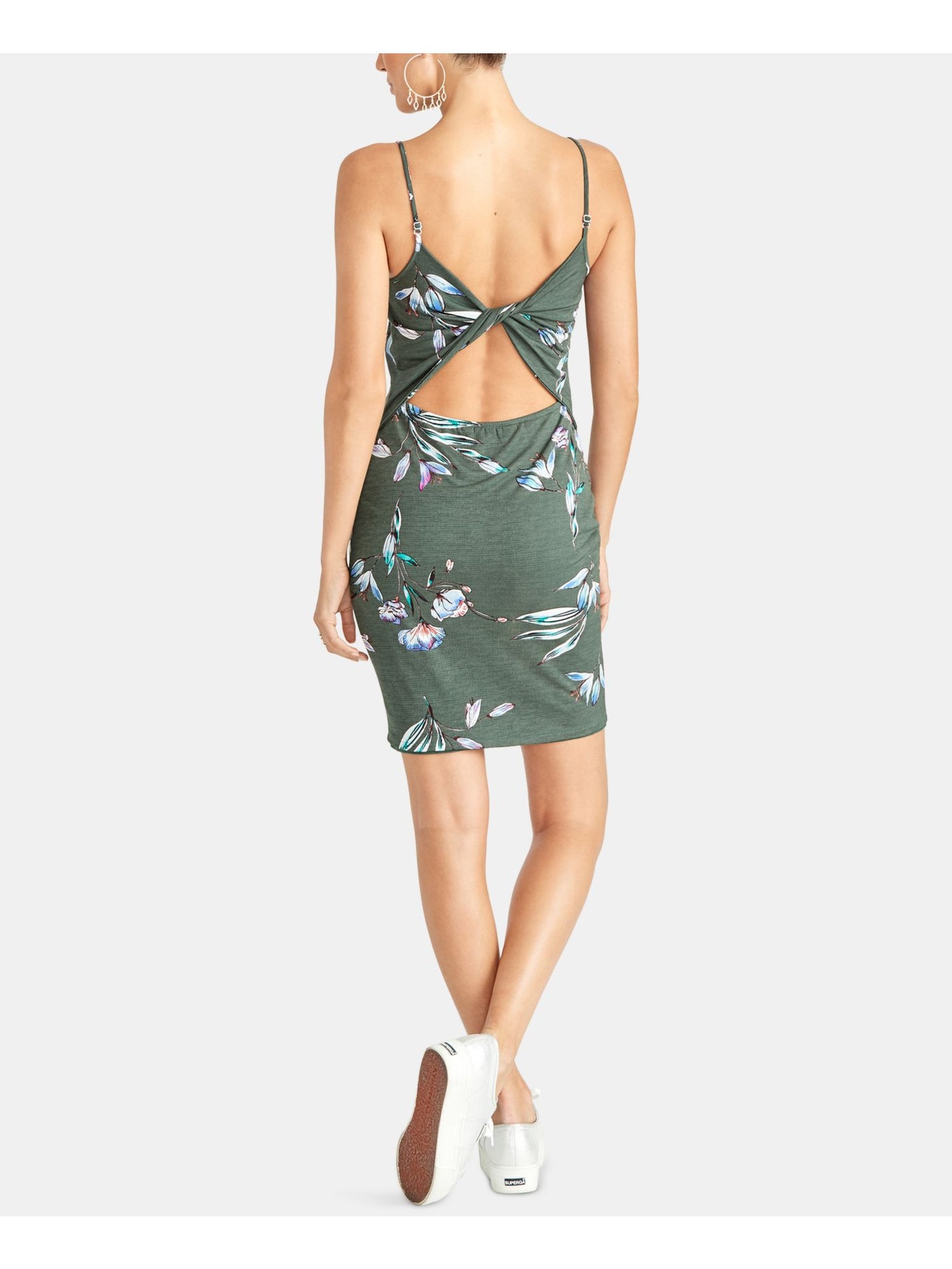 RACHEL ROY Womens Green Twist Back Floral Spaghetti Strap Scoop Neck Above The Knee Body Con Dress XS