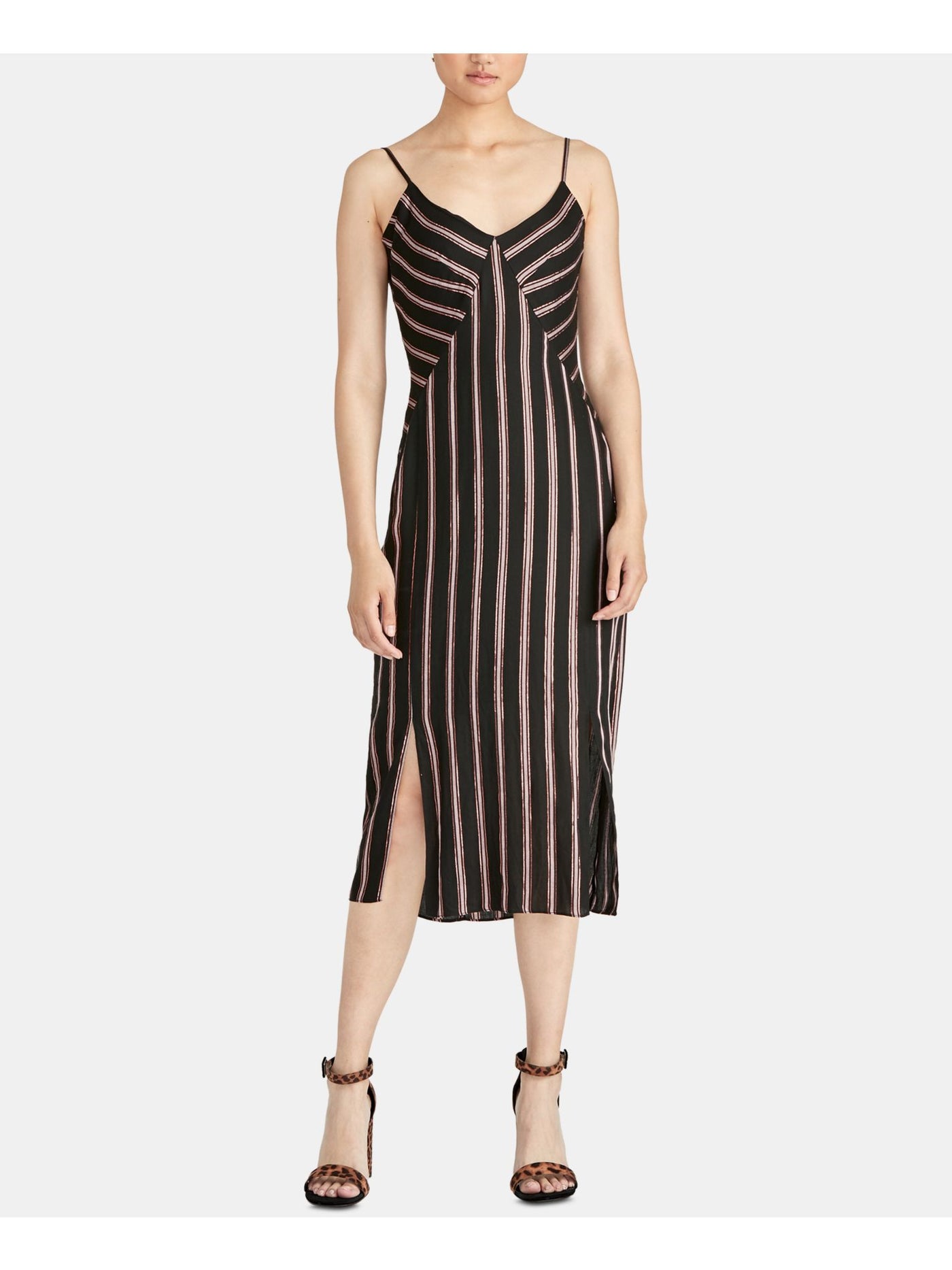 RACHEL ROY Womens Black Striped Spaghetti Strap V Neck Midi Evening Shift Dress XS