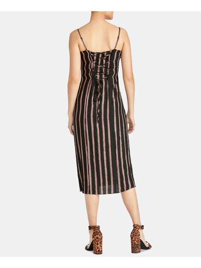 RACHEL ROY Womens Black Striped Spaghetti Strap V Neck Midi Evening Shift Dress M