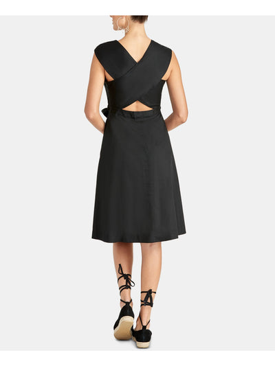 RACHEL ROY Womens Black Belted Sleeveless V Neck Knee Length Wear To Work Fit + Flare Dress 2