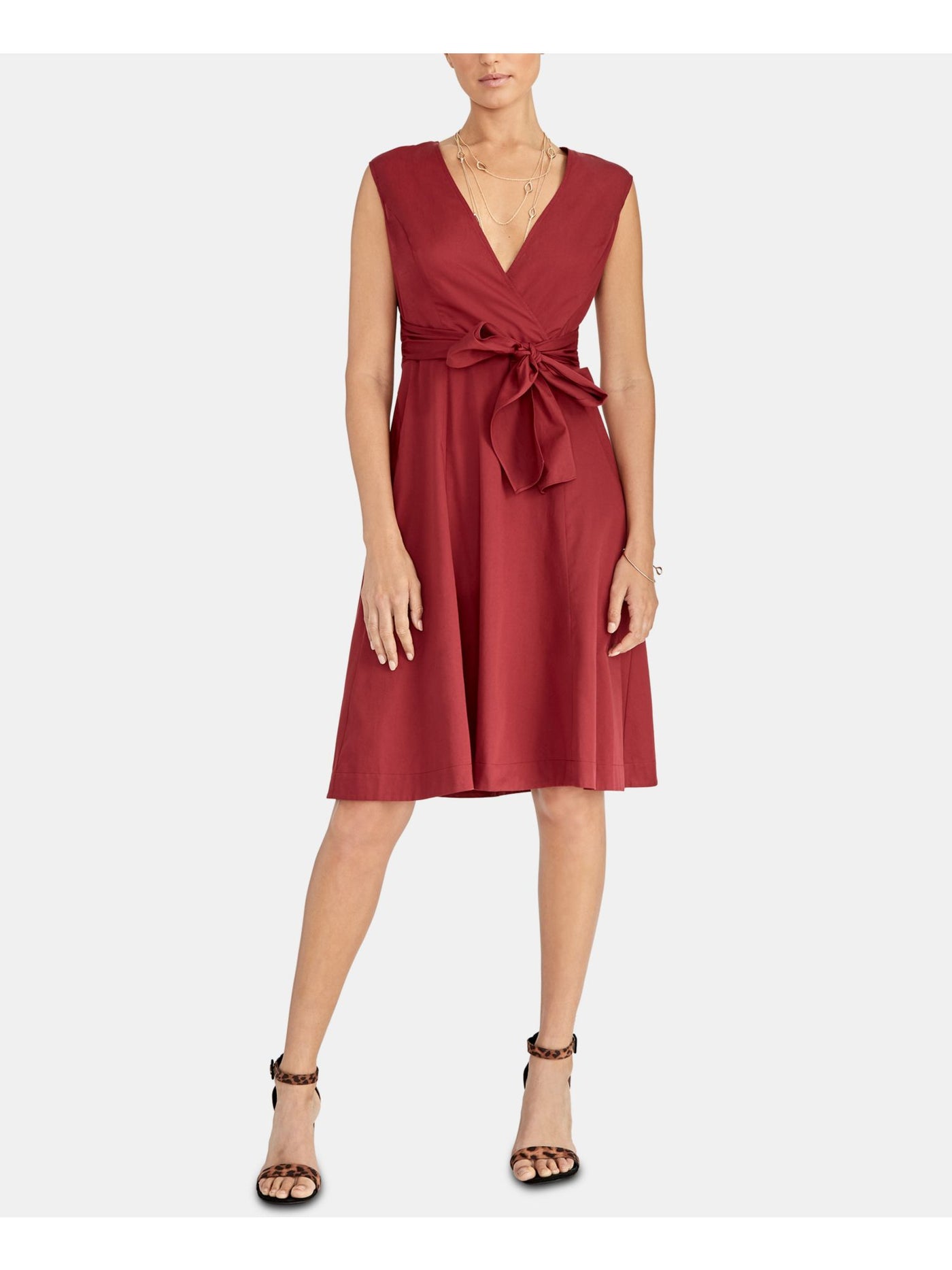 RACHEL ROY Womens Red Belted Sleeveless V Neck Knee Length Wear To Work Fit + Flare Dress 2