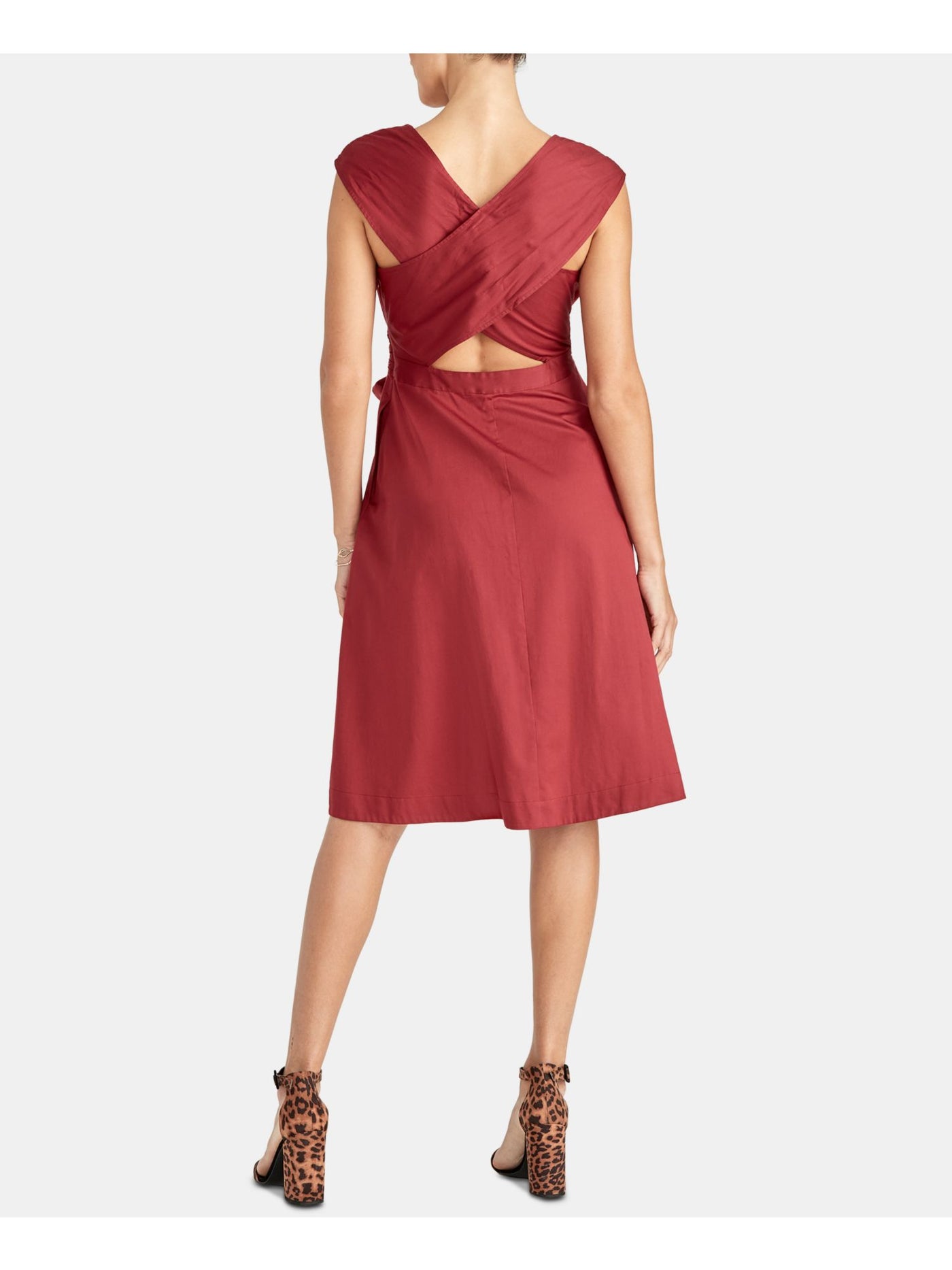 RACHEL ROY Womens Red Belted Sleeveless V Neck Knee Length Wear To Work Fit + Flare Dress 2