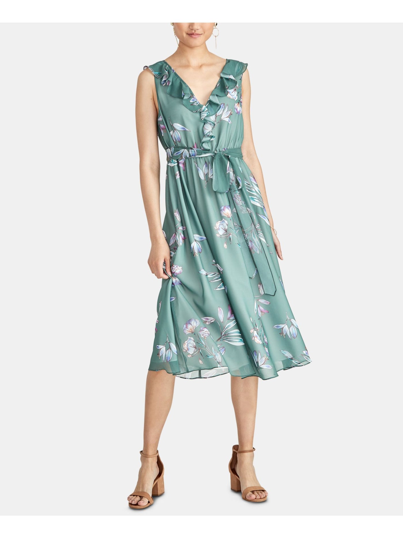 RACHEL ROY Womens Green Floral Sleeveless V Neck Midi Sheath Dress Size: M