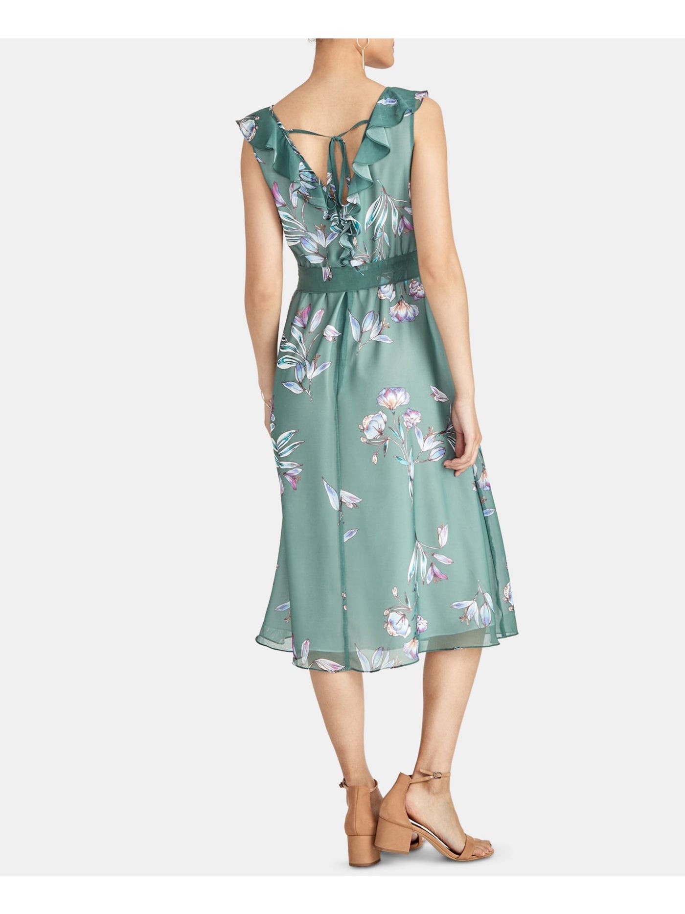 RACHEL ROY Womens Green Ruffled Floral Sleeveless V Neck Midi Sheath Dress S