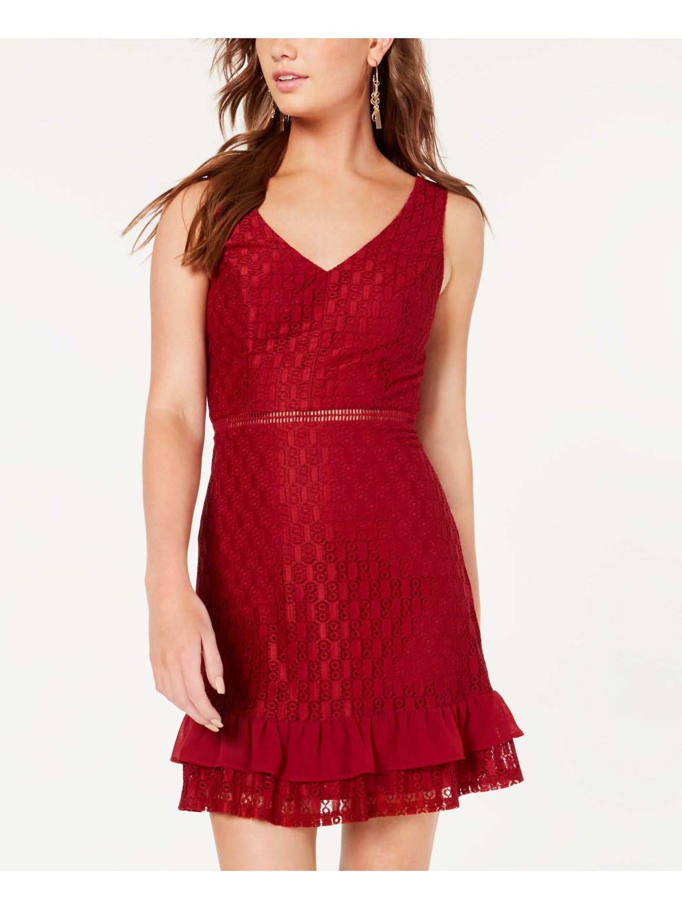 CITY STUDIO Womens Red Flounce Lace Ladder Stitch Sleeveless V Neck Mini Cocktail Dress 1