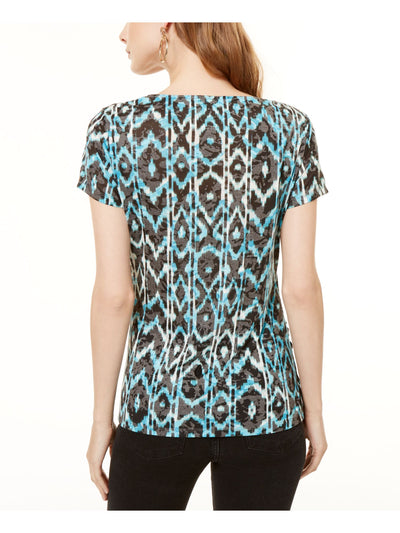 INC Womens Blue Printed Short Sleeve V Neck T-Shirt M