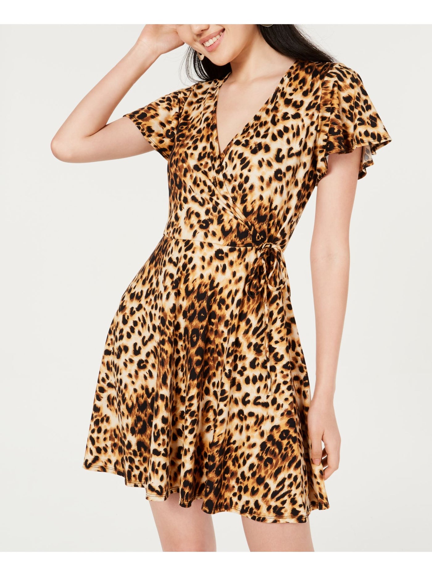 BCX Womens Beige Animal Print Short Sleeve V Neck Short Wrap Dress Juniors S