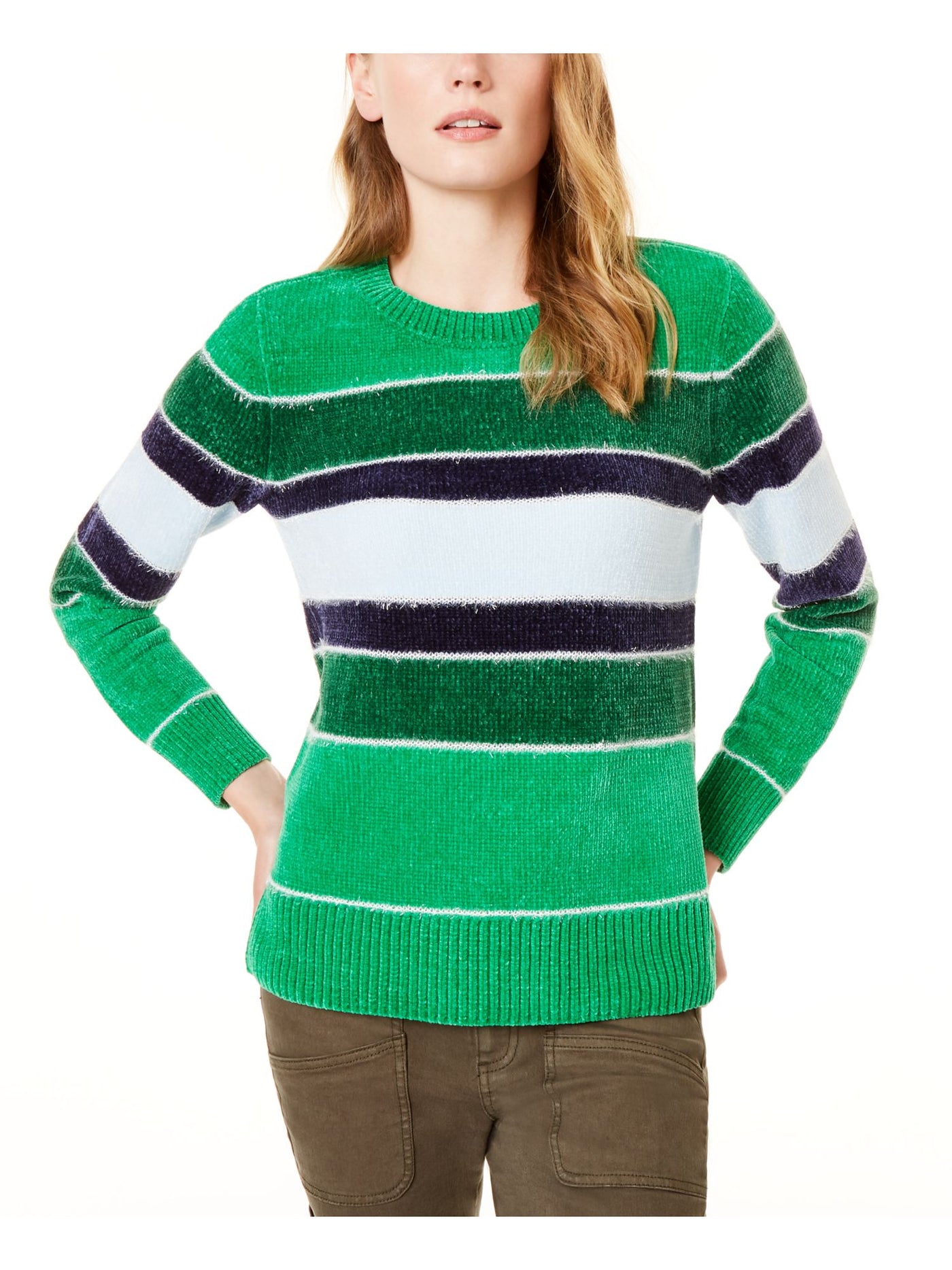 MAISON JULES Womens Green Frayed Color Block Long Sleeve Crew Neck Sweater XS