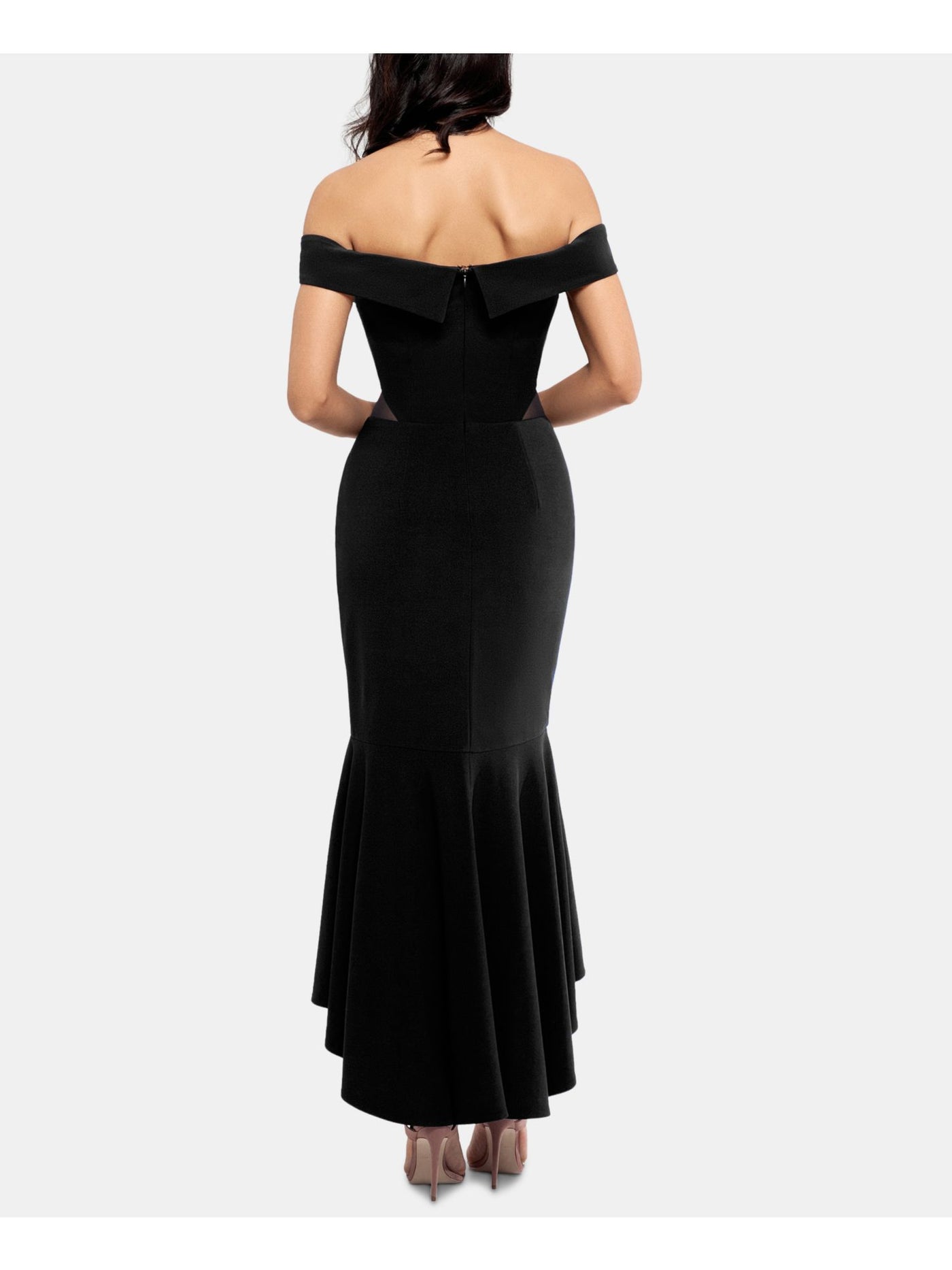 XSCAPE Womens Black Short Sleeve Off Shoulder Tea-Length Evening Hi-Lo Dress 2