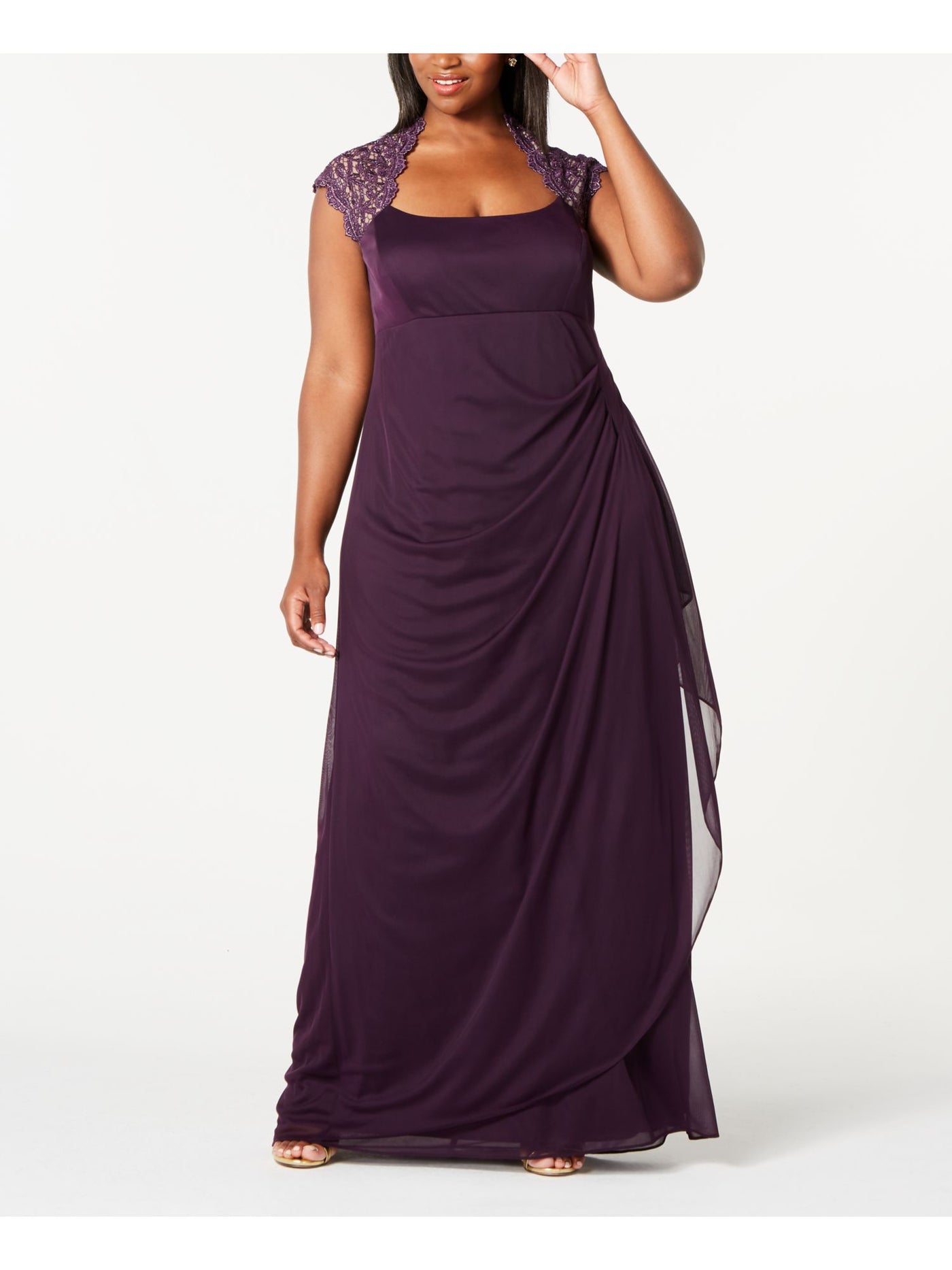 X BY XSCAPE Womens Purple Sheer Cap Sleeve Queen Anne Neckline Full-Length Evening Fit + Flare Dress Plus 22W
