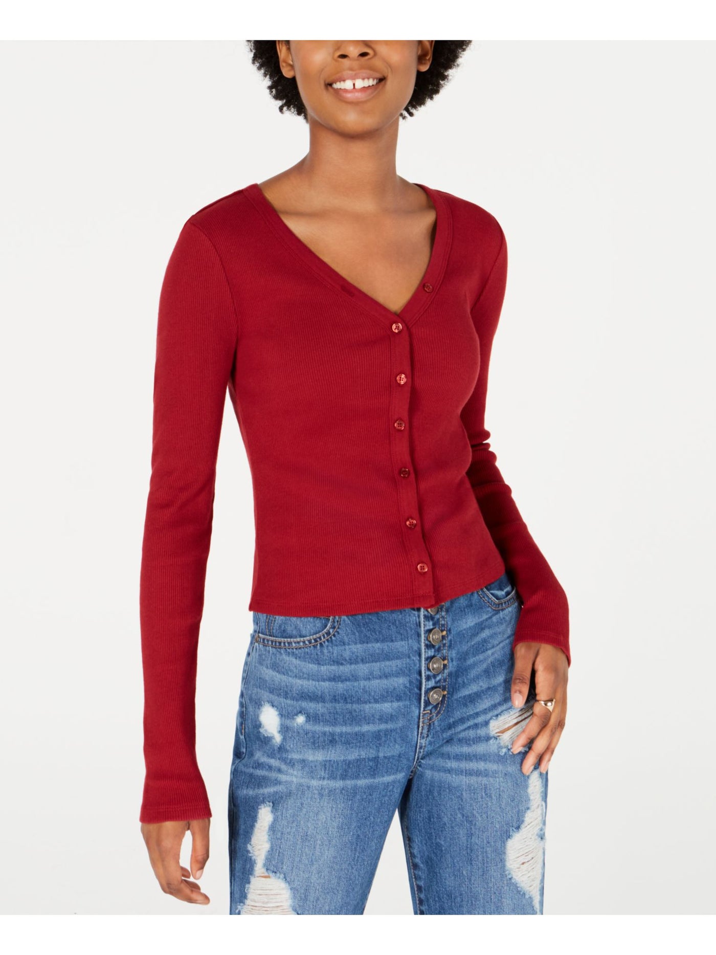 PLANET GOLD Womens Red Long Sleeve V Neck Button Up Top Juniors S