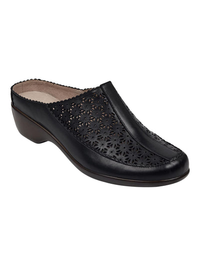 EASY SPIRIT Womens Black Perforated Clog Removable Insole Arch Support Cushioned Dusk Round Toe Slip On Leather Heeled Mules Shoes 9 M