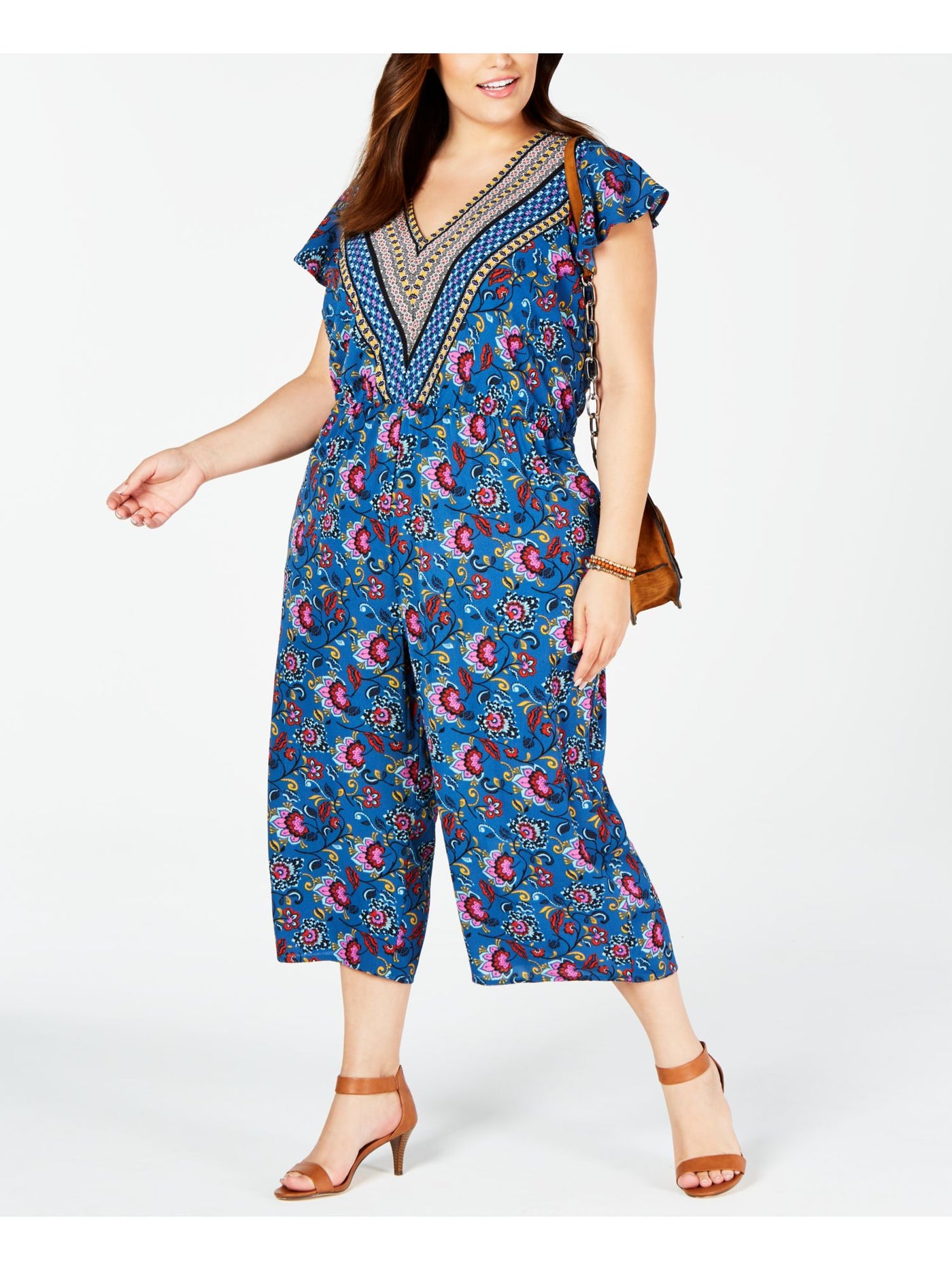 LOVE SQUARED Womens Blue Floral Sleeveless V Neck Jumpsuit Plus 2X