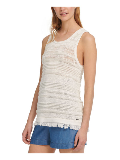 DKNY Womens White Fringed Sleeveless Scoop Neck Sweater XL