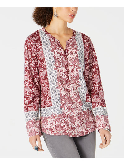 STYLE & COMPANY Womens Red Floral Long Sleeve V Neck Top XS