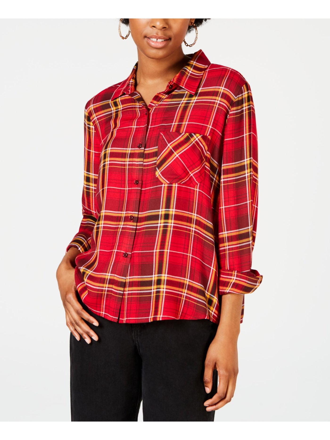 ULTRA FLIRT Womens Red Plaid Long Sleeve Collared Button Up Top XS