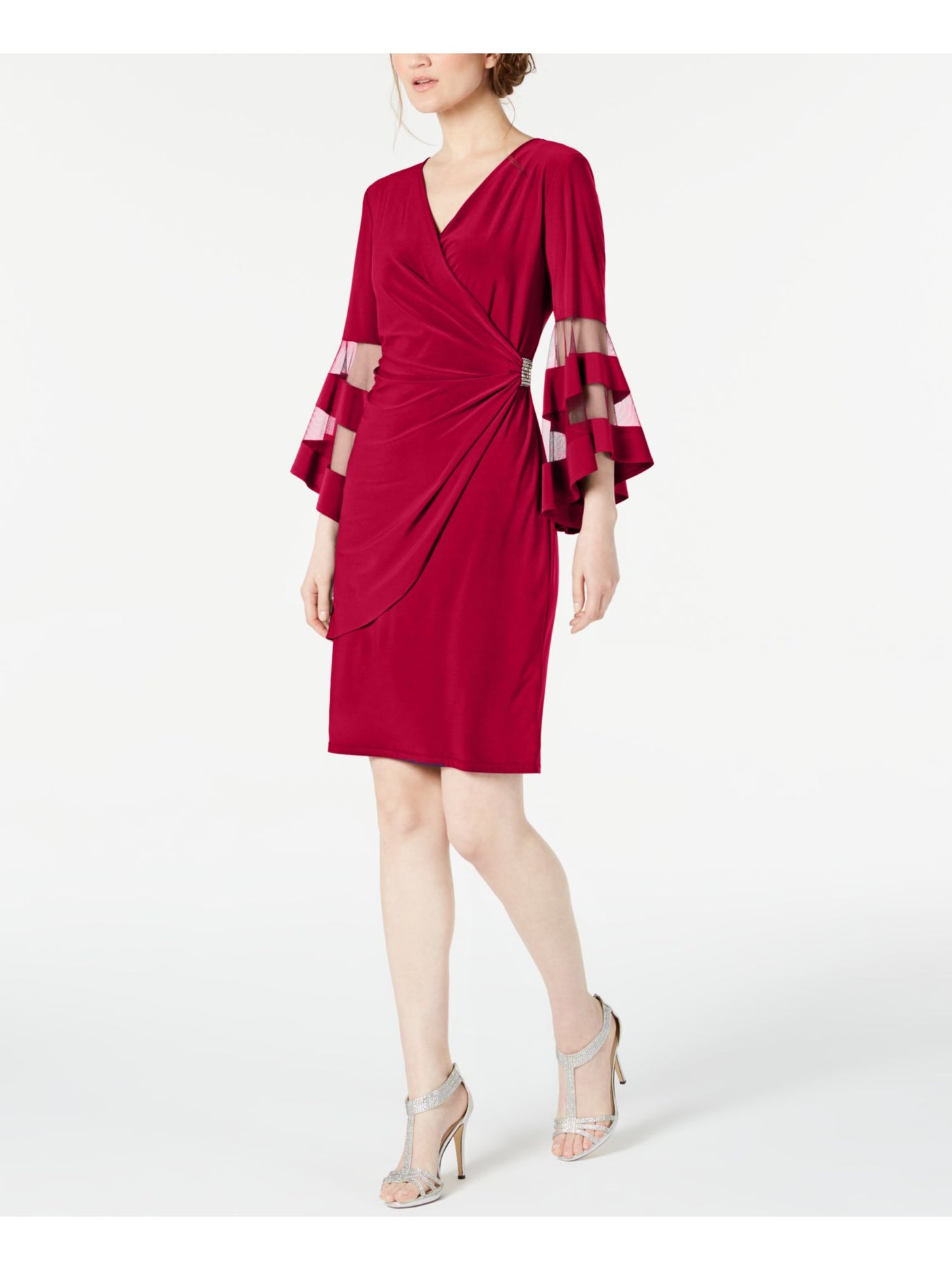 R&M RICHARDS Womens Red Sheer Embellished Rhinestone Accent At Waist, Bel 3/4 Sleeve V Neck Knee Length Evening Wrap Dress Petites 4P