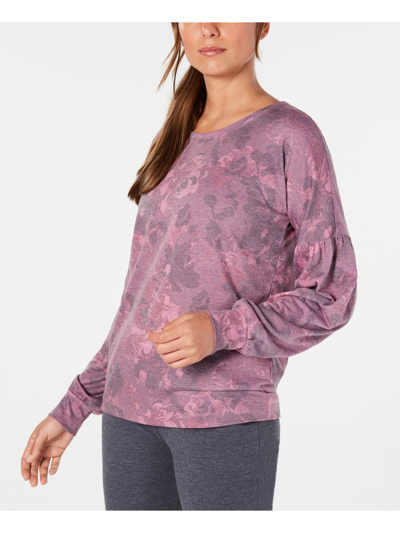 IDEOLOGY Womens Purple Floral Long Sleeve Jewel Neck Top S