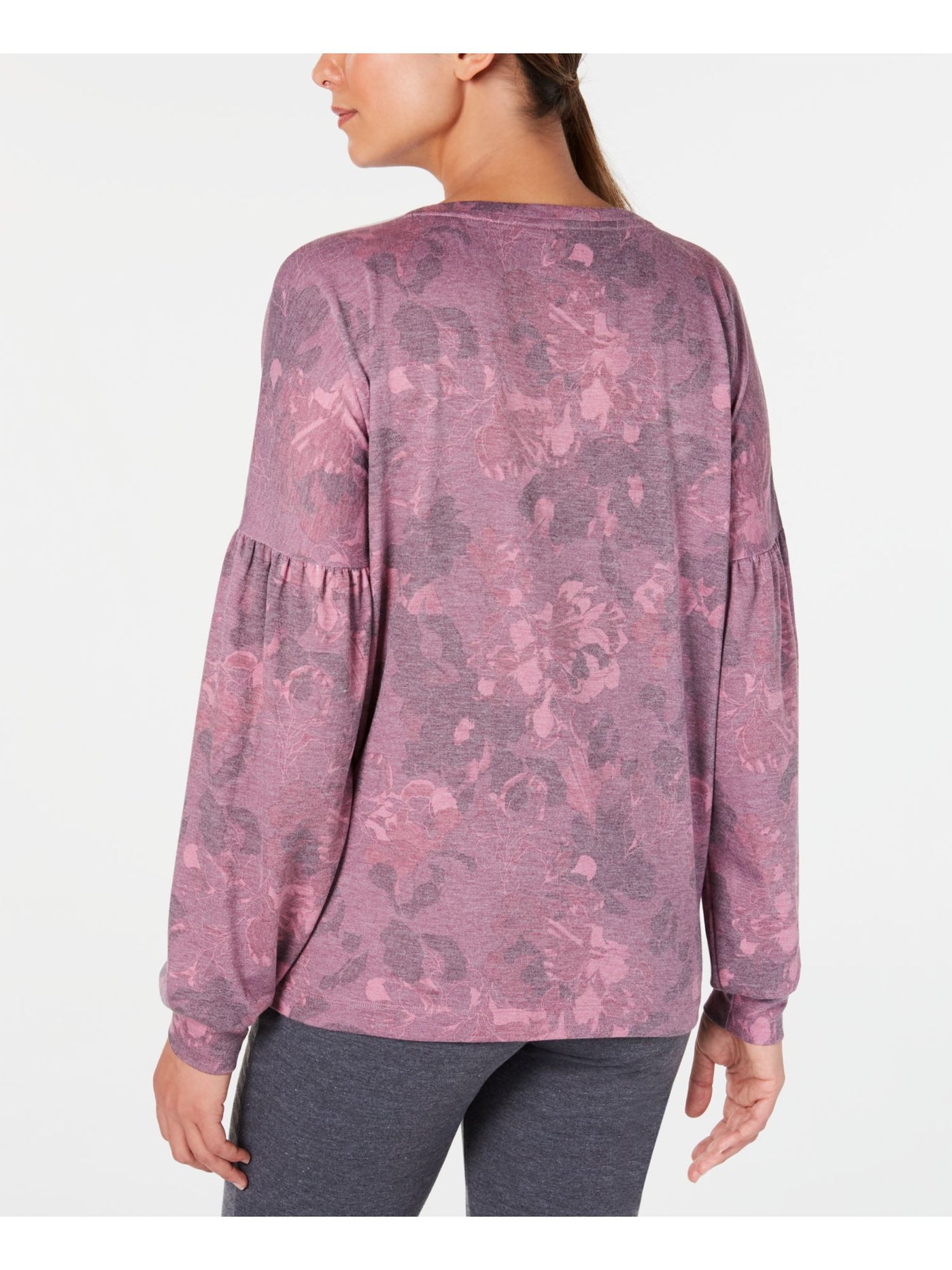 IDEOLOGY Womens Purple Floral Long Sleeve Jewel Neck Top S