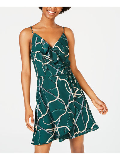 TEEZE ME Womens Green Ruffled Printed Spaghetti Strap V Neck Short Faux Wrap Dress Juniors 3\4