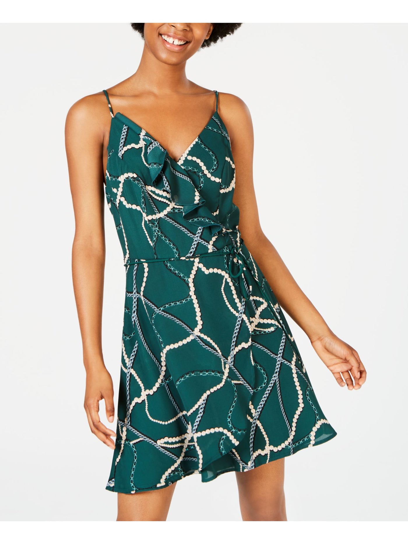 TEEZE ME Womens Green Ruffled Printed Spaghetti Strap V Neck Short Faux Wrap Dress Juniors 0
