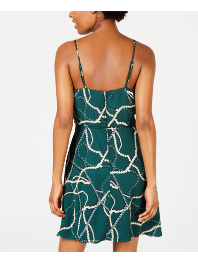 TEEZE ME Womens Green Ruffled Printed Spaghetti Strap V Neck Short Faux Wrap Dress Juniors 9