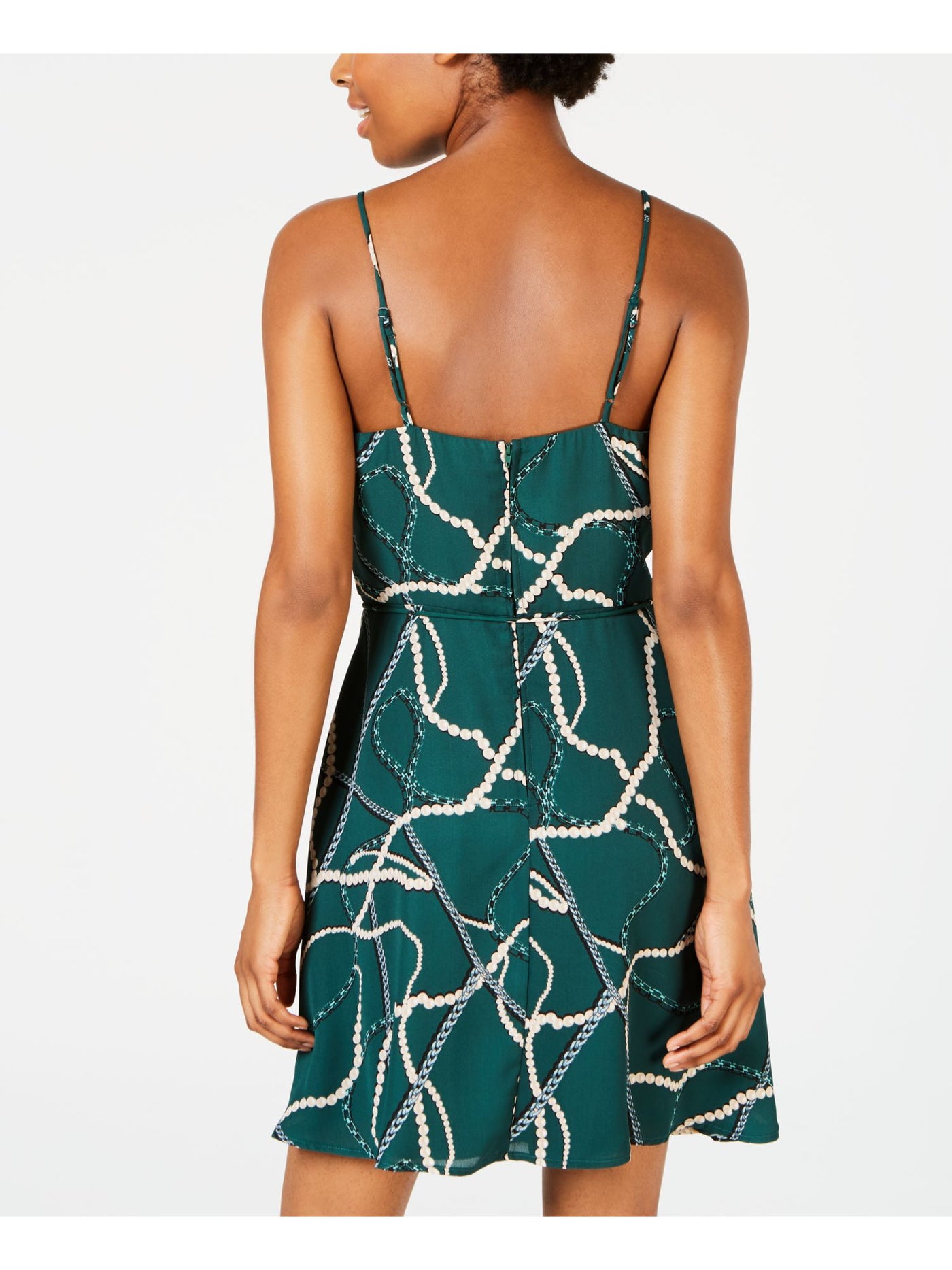 TEEZE ME Womens Green Ruffled Printed Spaghetti Strap V Neck Short Faux Wrap Dress Juniors 0