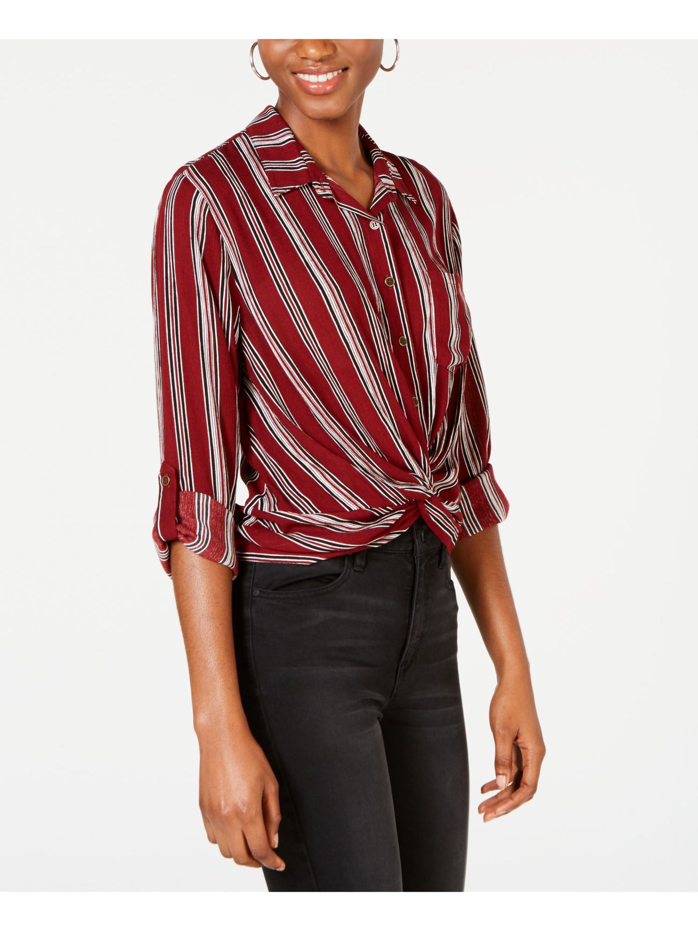 SELF E Womens Burgundy Pocketed Twist-front Striped Roll-tab Sleeve Collared Button Up Top Juniors S