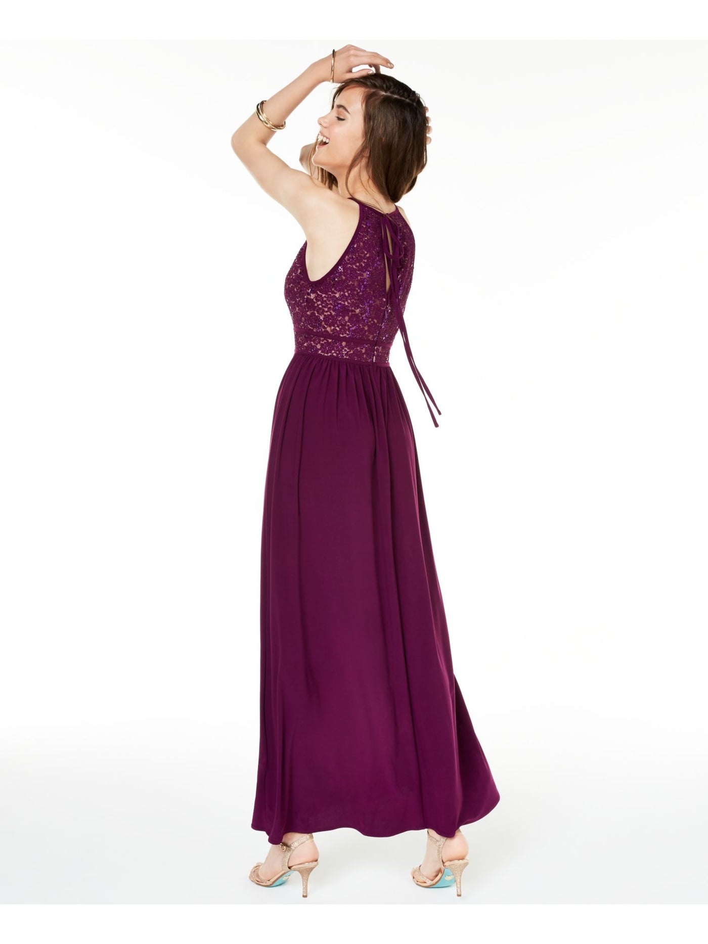 MORGAN & CO Womens Purple Sequined Printed Halter Maxi Formal Mermaid Dress Juniors 9