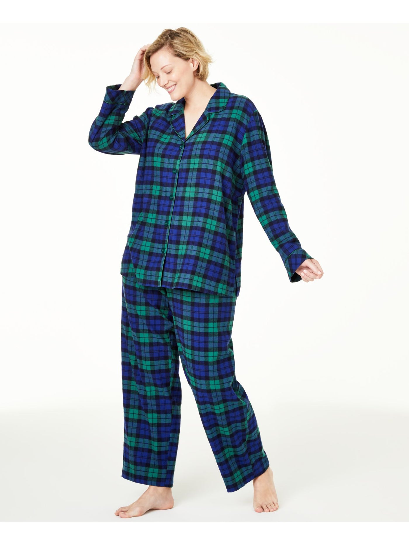 FAMILY PJs Womens Black Watch Green Plaid Elastic Band Long Sleeve Button Up Top Straight leg Pants Pajamas Plus 2X