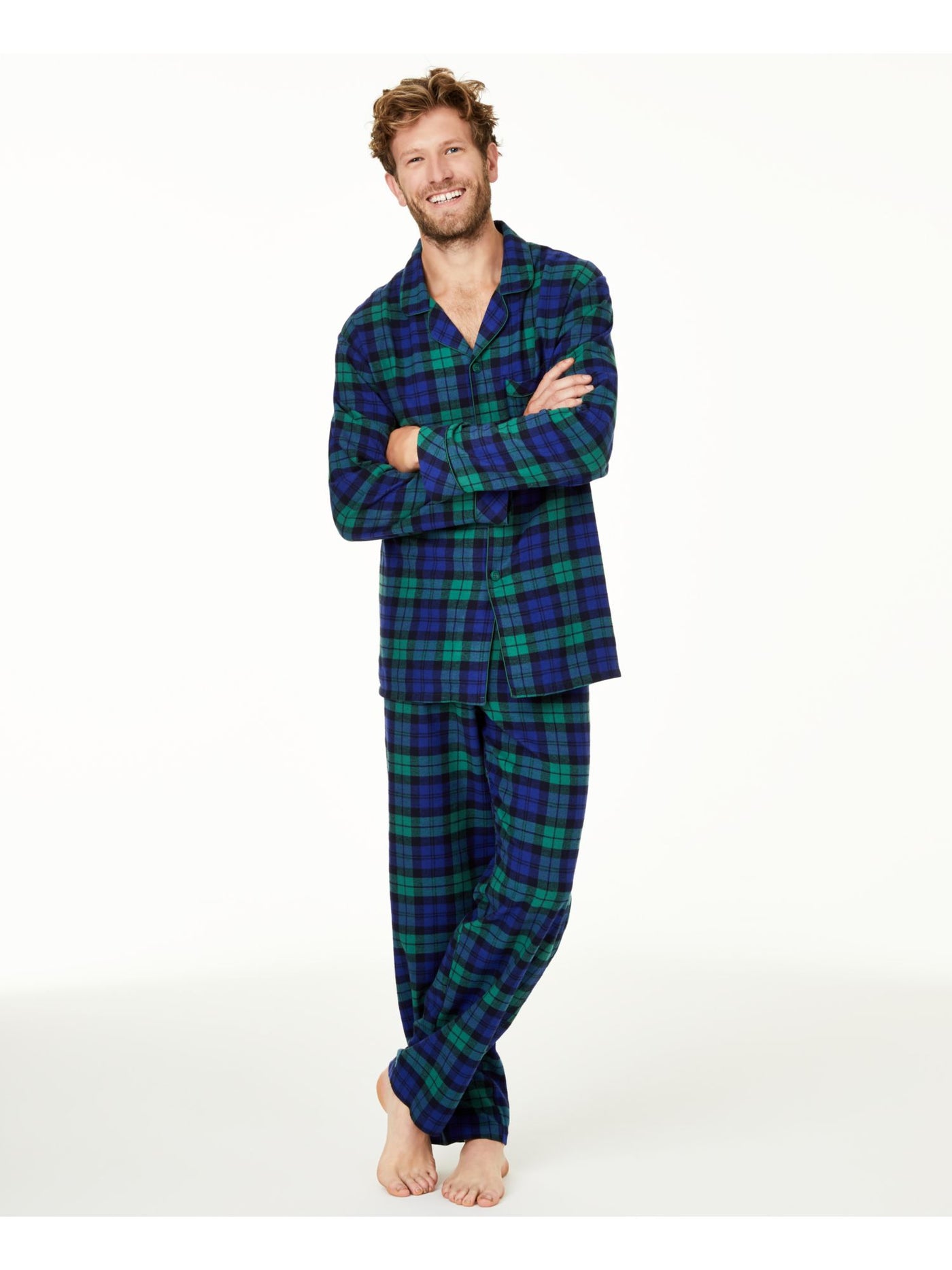 FAMILY PJs Mens Green Plaid Elastic Band Button Up Top Straight leg Pants Flannel Pajamas S