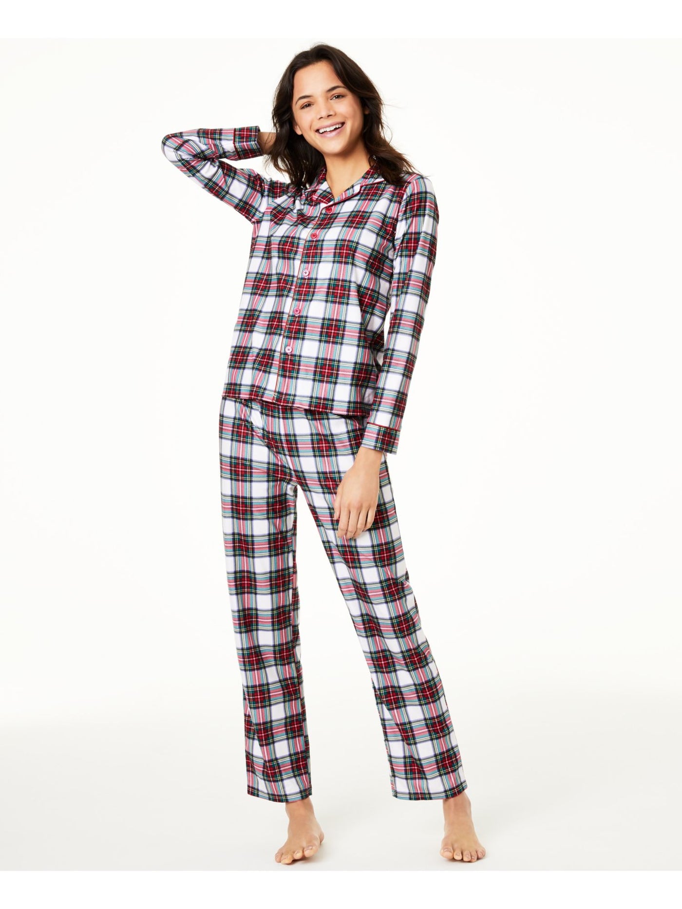 FAMILY PJs Womens White Plaid Elastic Band Long Sleeve Button Up Top Straight leg Pants Knit Pajamas L