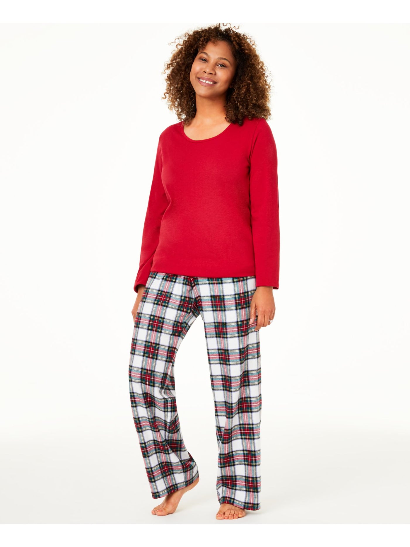 FAMILY PJs Womens Red Elastic Band Long Sleeve T-Shirt Top Straight leg Pants Flannel Pajamas M