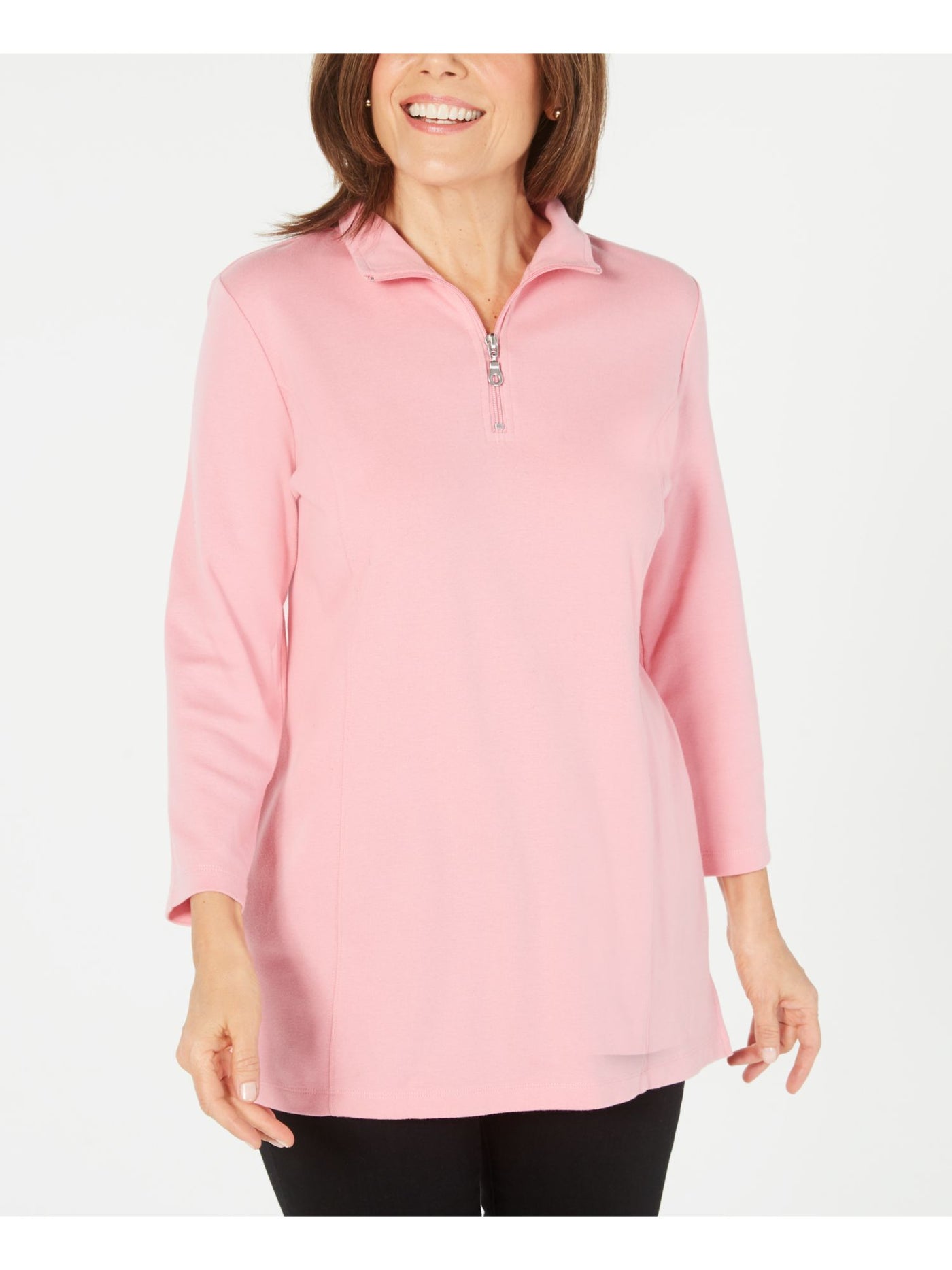 KAREN SCOTT Womens Pink Heather Long Sleeve Zip Neck Blouse S