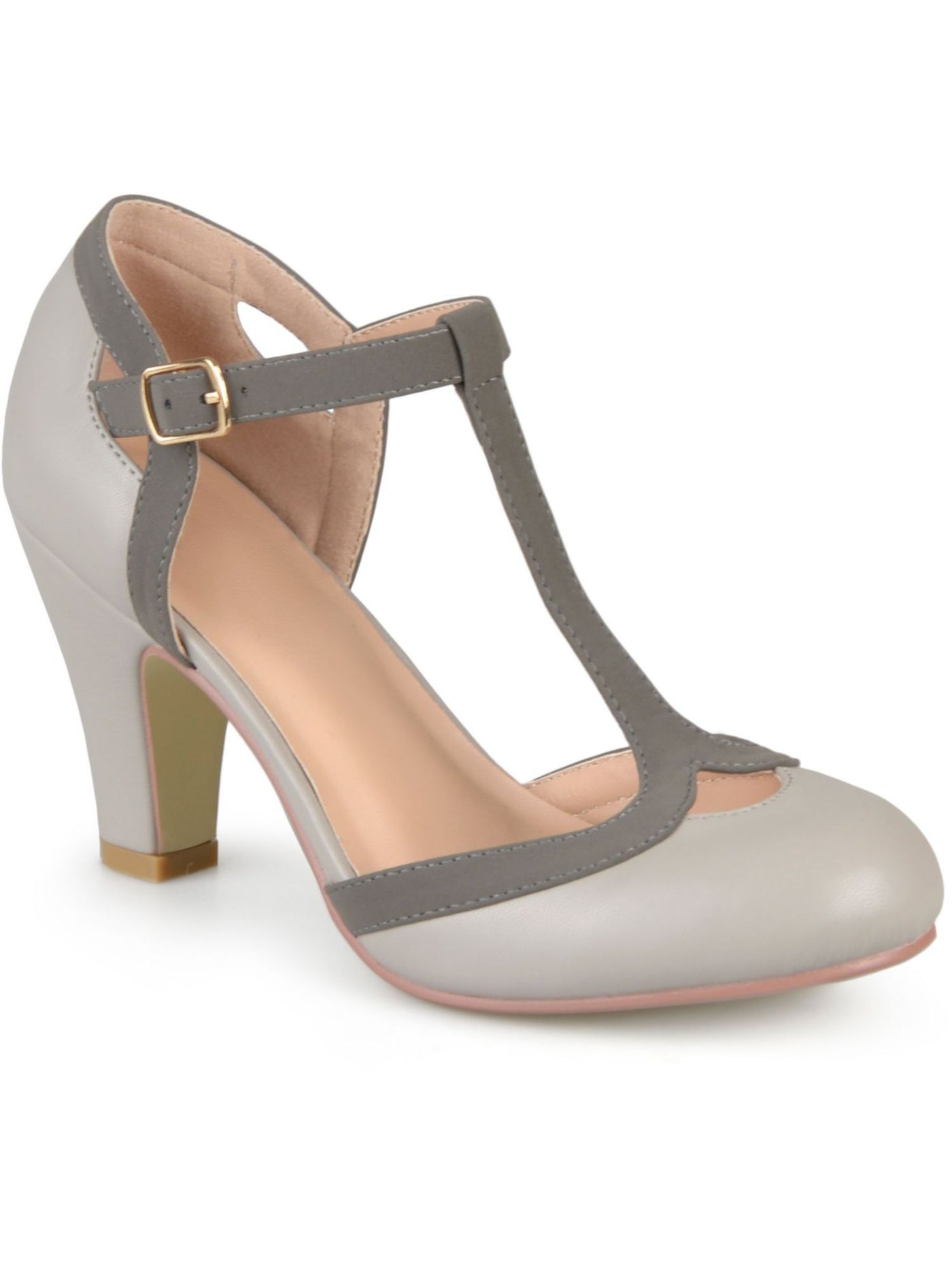 JOURNEE COLLECTION Womens Gray Mary Jane Adjustable T-Strap Olina Round Toe Block Heel Buckle Pumps Shoes 7 W