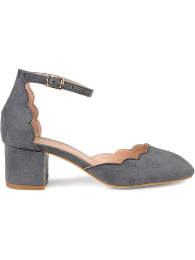 JOURNEE COLLECTION Womens Gray Scalloped Ankle Strap Edna Round Toe Block Heel Buckle Pumps Shoes 8