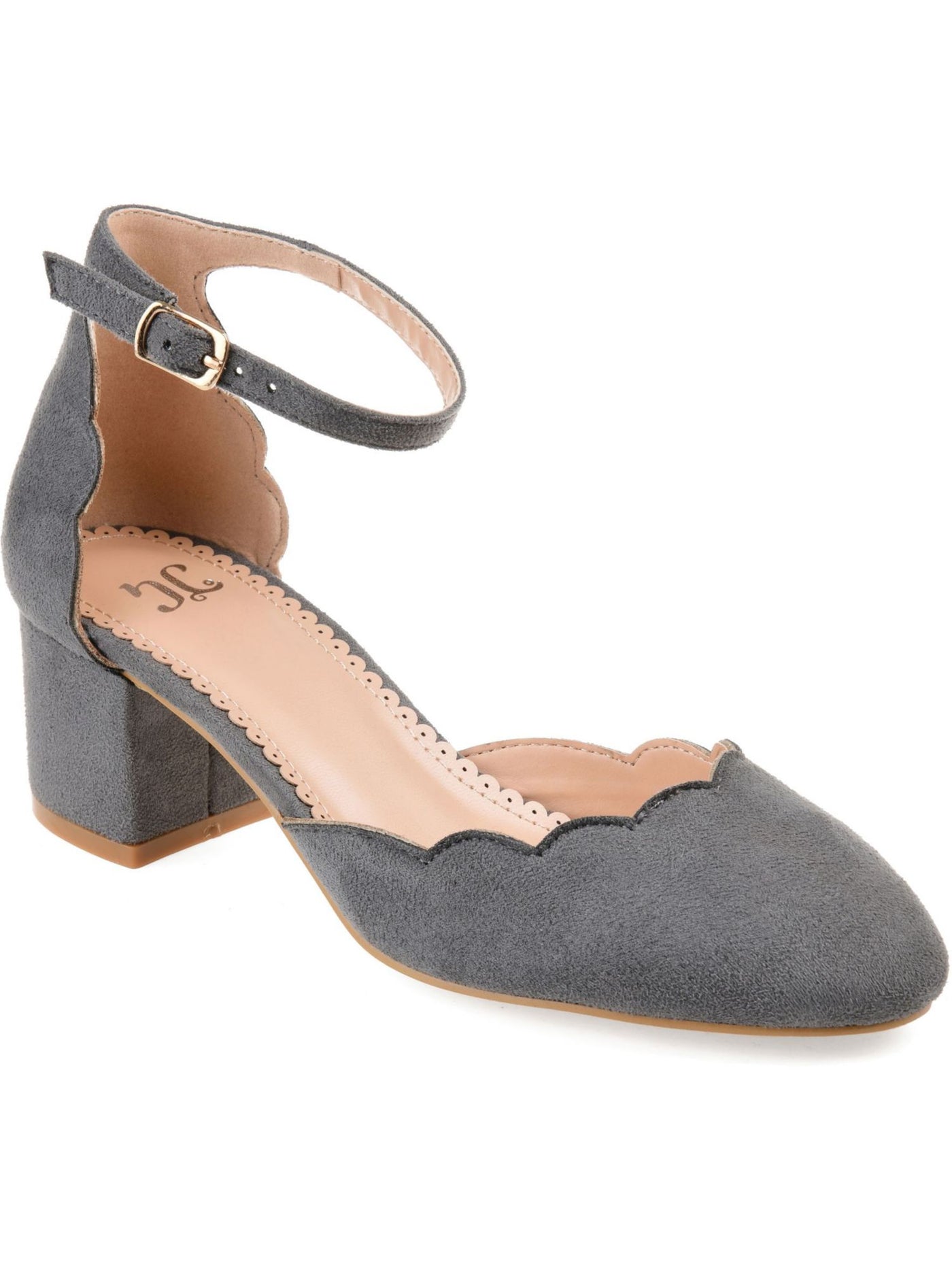 JOURNEE COLLECTION Womens Gray Scalloped Ankle Strap Edna Round Toe Block Heel Buckle Pumps Shoes 10
