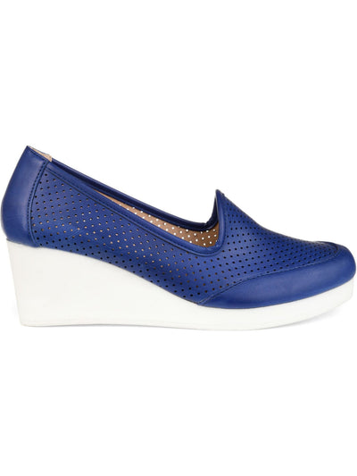 JOURNEE Womens Blue Perforated Cushioned Round Toe Wedge Slip On Heels Shoes 10