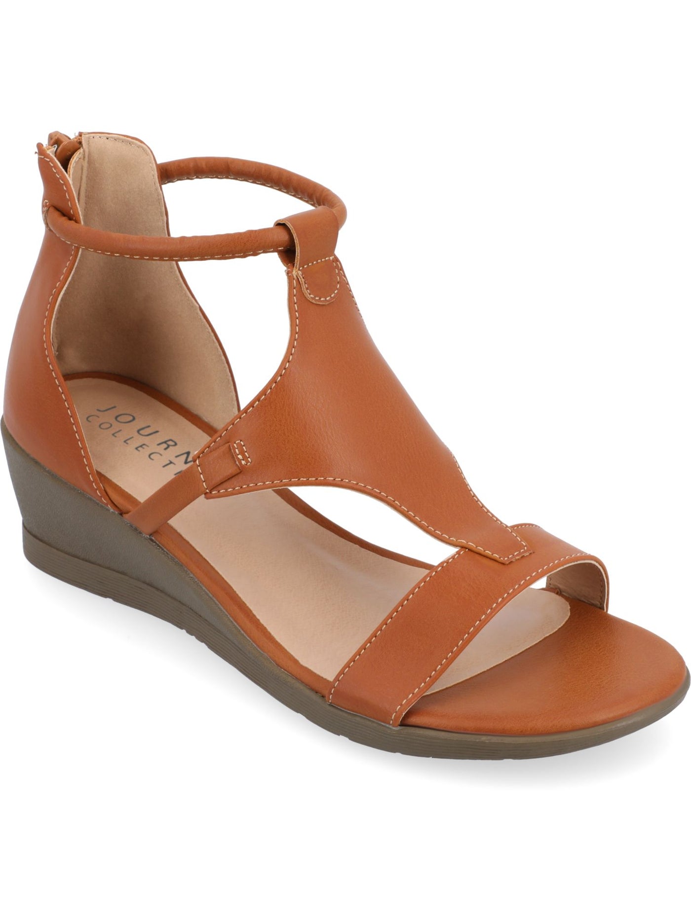 JOURNEE COLLECTION Womens Brown Strappy Padded Trayle Round Toe Wedge Zip-Up Sandals 5.5 M